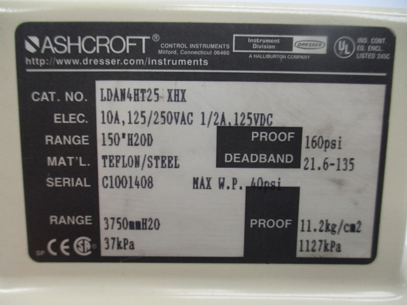 ASHCROFT LDAN4HT25-XHX 125/250VAC 10A 160PSI 150"H2OD NSNP