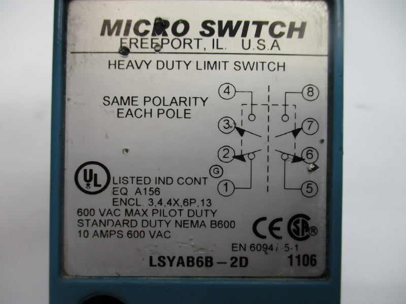 MICRO SWITCH LSYAB6B-2D 600VAC 10A (AS PICTURED) NSNP