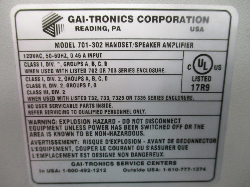 GAI-TRONICS 701-302 120VAC 0.46A NSNP