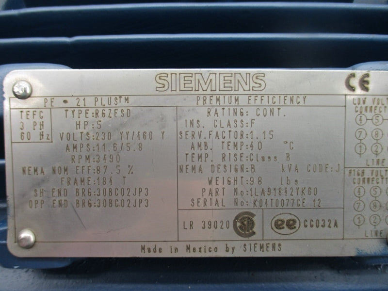 SIEMENS 1LA91842YK60 HPG1603 230/460V 11.6/5.8A NSMP