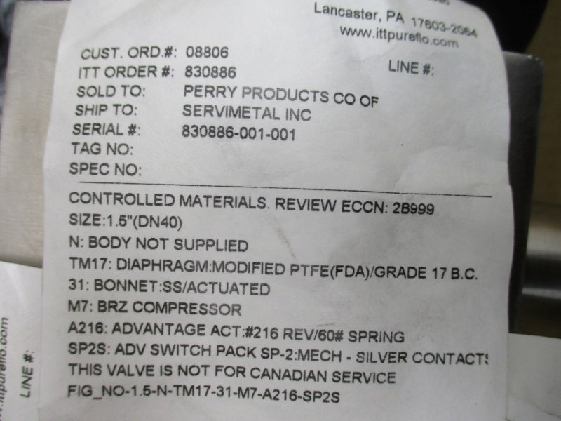 ITT PURE-FLO 1.5-316L-RA25MAX 60PSI STAINLESS VALVE ASSEMBLY NSMP