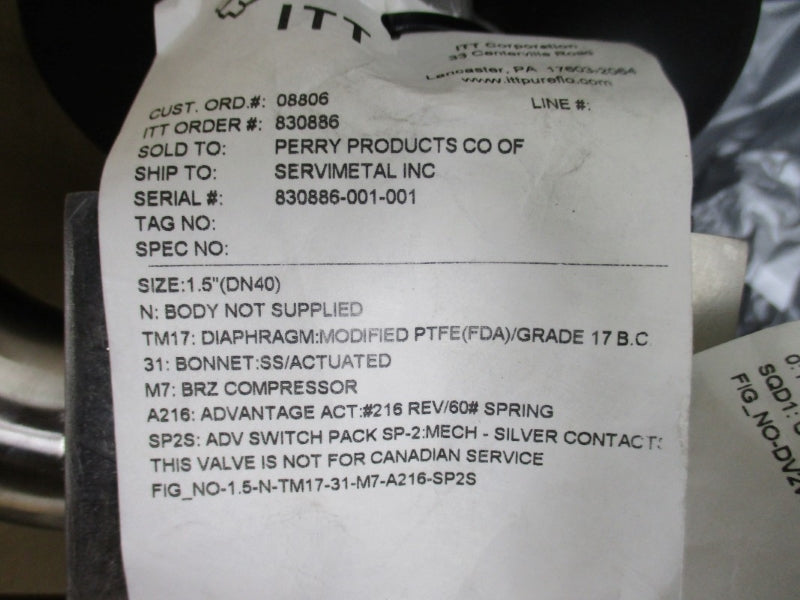 ITT PURE-FLO 1.5-316L-RA25MAX 60PSI STAINLESS VALVE ASSEMBLY NSMP