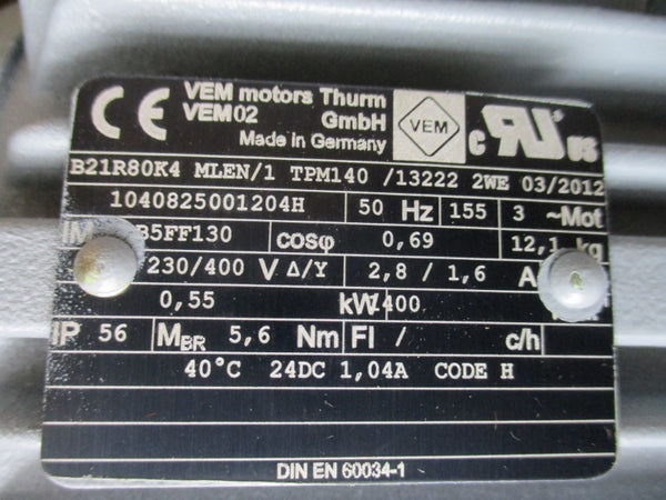 STOBER S102VG0280D80K4 2142900 W/ VEM MOTORS B21R80K4 1040825001204H 230/400V 2.8/1.6A NSMP