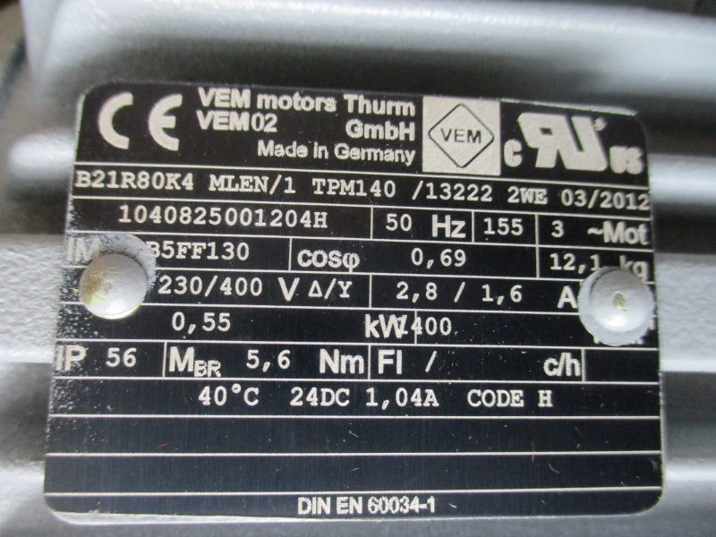 STOBER S102VG0280D80K4 2142900 W/ VEM MOTORS B21R80K4 1040825001204H 230/400V 2.8/1.6A NSMP