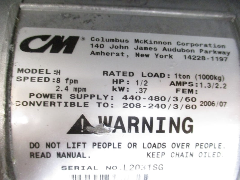 COLUMBUS MCKINNON MODEL H 440-480V 1.3/2.2A 1TON 10.1' NSMP