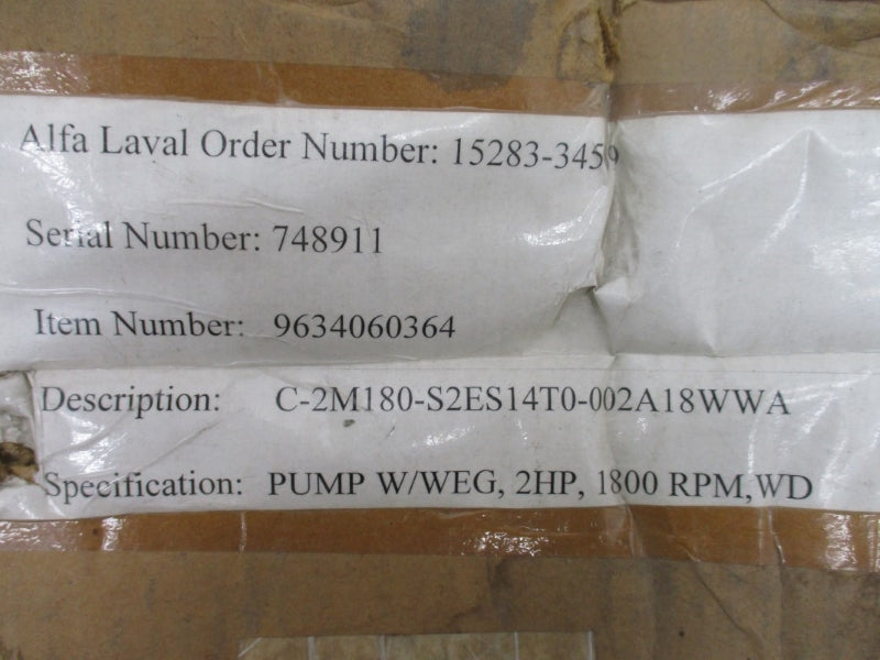 ALFA LAVAL 9634060364 C-2M180-S2ES14T0-002A18WWA W/ WEG Z000218EP303103 208-230/460V 5.40/2.70A NSMP