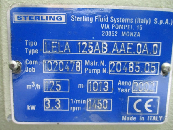 STERLING FLUID SYSTEMS LELA125AB.AAE.0A.0 W/ SIEMENS 0205/2088127-6 380-420/660-725V 8.4-8.3/4.8-4.8A NSNP