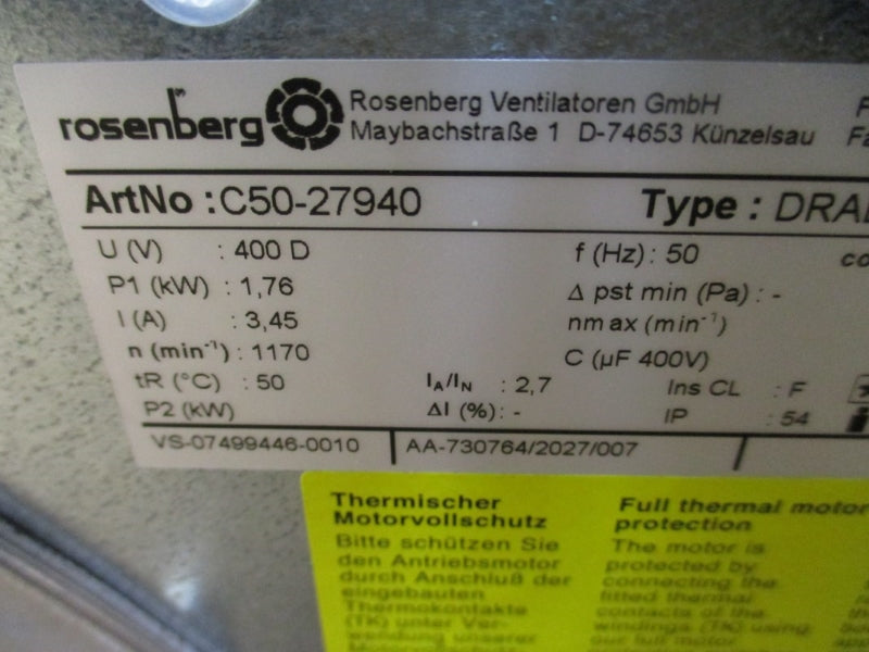 ROSENBERG BAUSCH+STROBEL C50-27940 DRAD279-4.5PA 400V 3.45A NSMP