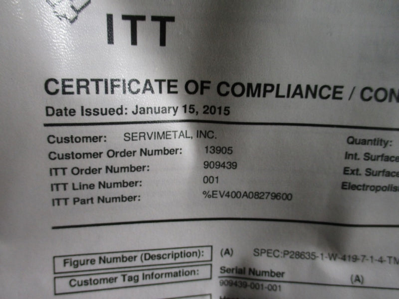 ITT EV400A08279600 P28635-1-W-419-7-1-4-TME-B209-HW3-TRWS-PR4-SR1 NSMP