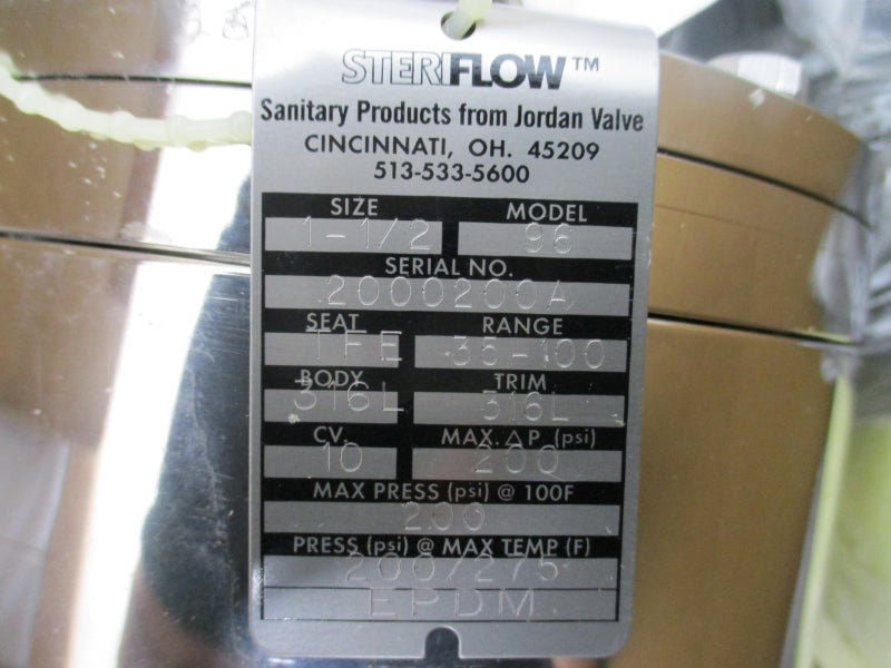 STERIFLOW JORDAN VALVE MODEL 96 316L 200PSI 275'F 1-1/2" NSMP