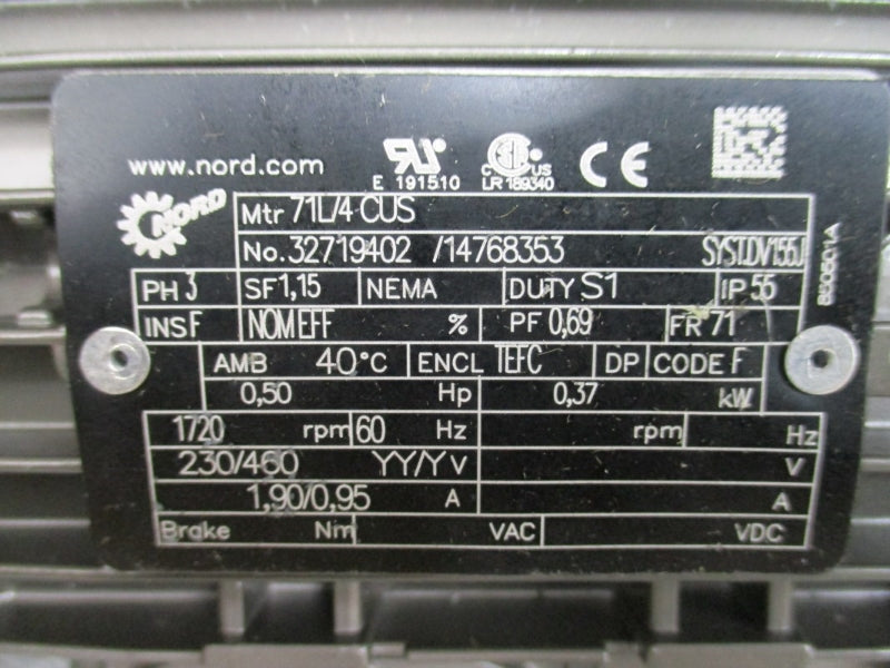 SPX LIGHTNIN MBI405C37 W/ NORD 71L/4CUS 1SMID40VF-71L/4CUS 230/460V 1.90/0.95A NSMP
