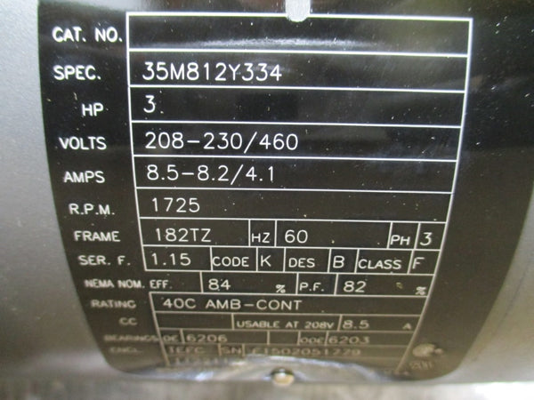 BALDOR 35M812Y334 3 HP 182TZ 1725 RPM 208-230/460V 8.5-8.2/4.1A NSMP