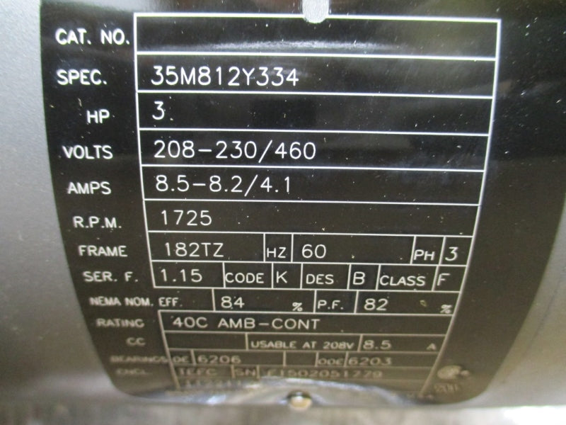 BALDOR 35M812Y334 3 HP 182TZ 1725 RPM 208-230/460V 8.5-8.2/4.1A NSMP