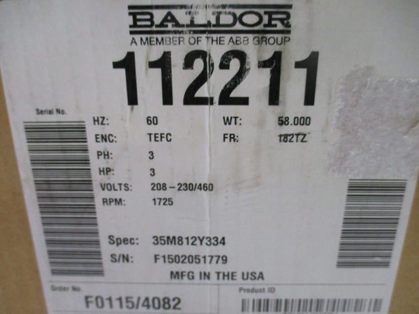 BALDOR 35M812Y334 3 HP 182TZ 1725 RPM 208-230/460V 8.5-8.2/4.1A NSMP