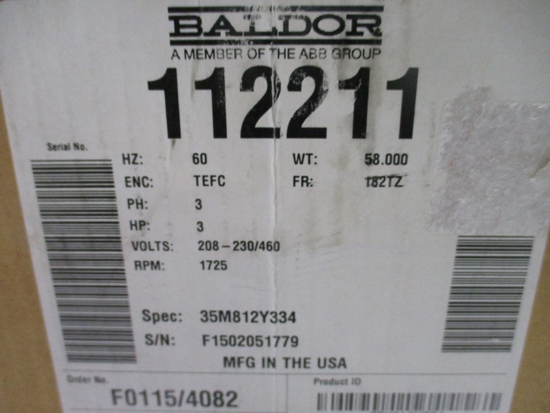 BALDOR 35M812Y334 3 HP 182TZ 1725 RPM 208-230/460V 8.5-8.2/4.1A NSMP
