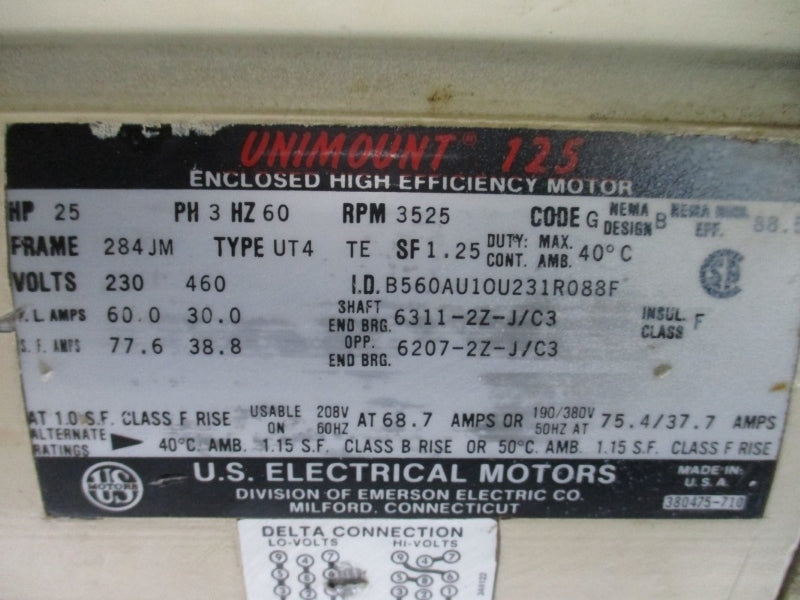 US ELECTRICAL MOTORS UT4 B560AU10U231R088F 25 HP 284JM 3525 RPM 230/460V 60.0/30.0A NSNP