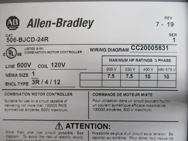 ALLEN BRADLEY 506-BJCD-24R SER. 1 120V NSNP