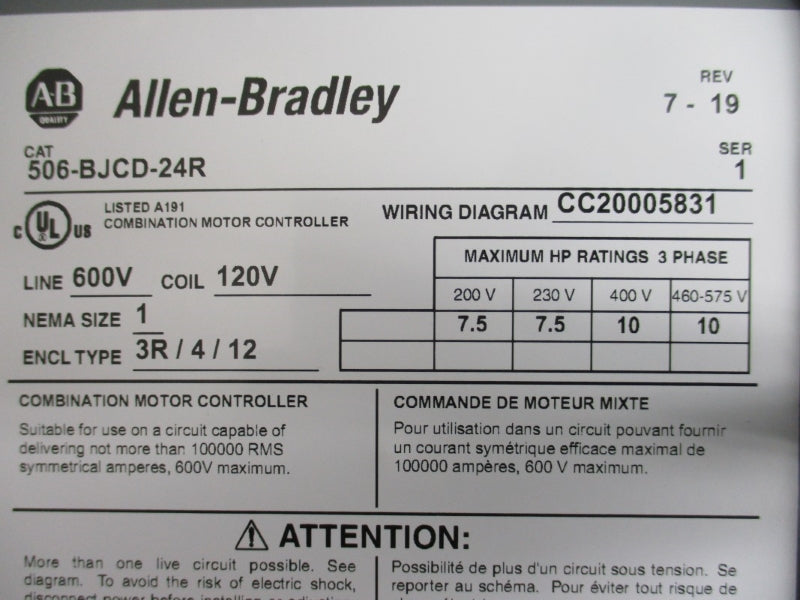 ALLEN BRADLEY 506-BJCD-24R SER. 1 120V NSNP