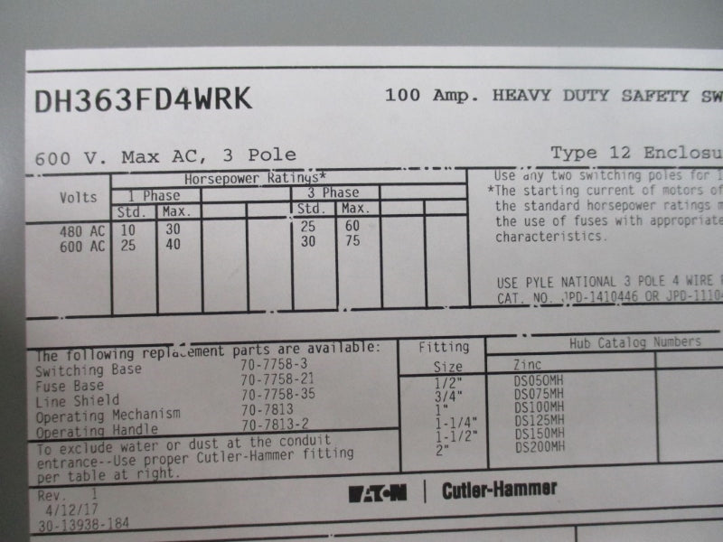 EATON DH363FD4WRK SER. A 600VAC 100A NSMP