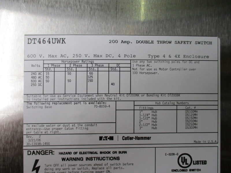 EATON DT464UWK 600VAC 200A DOUBLE THROW STAINLESS NSNP
