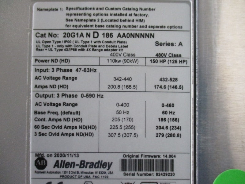 ALLEN BRADLEY 20G1AND186AA0NNNNN SER. A F/W 14.004 432-528VAC 174.6A NSNP