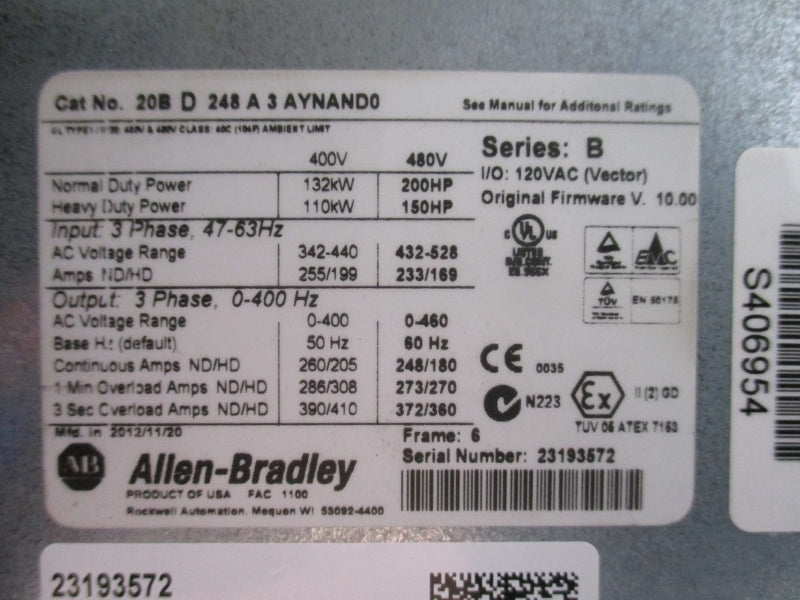 ALLEN BRADLEY 20BD248A3AYNAND0 SER. B F/W 10.001 480VAC 248A NSMP