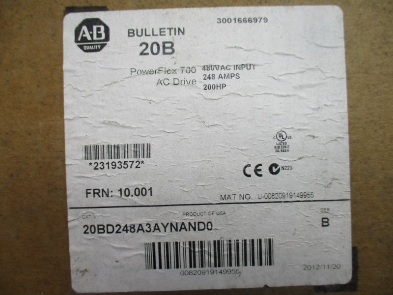 ALLEN BRADLEY 20BD248A3AYNAND0 SER. B F/W 10.001 480VAC 248A NSMP
