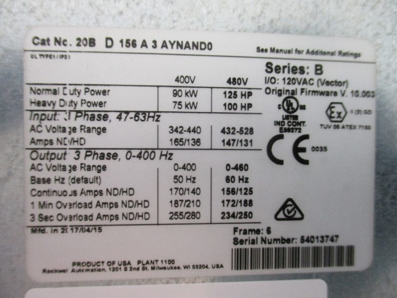 ALLEN BRADLEY 20BD156A3AYNAND0 SER. B F/W 10.003 480VAC 156A NSMP