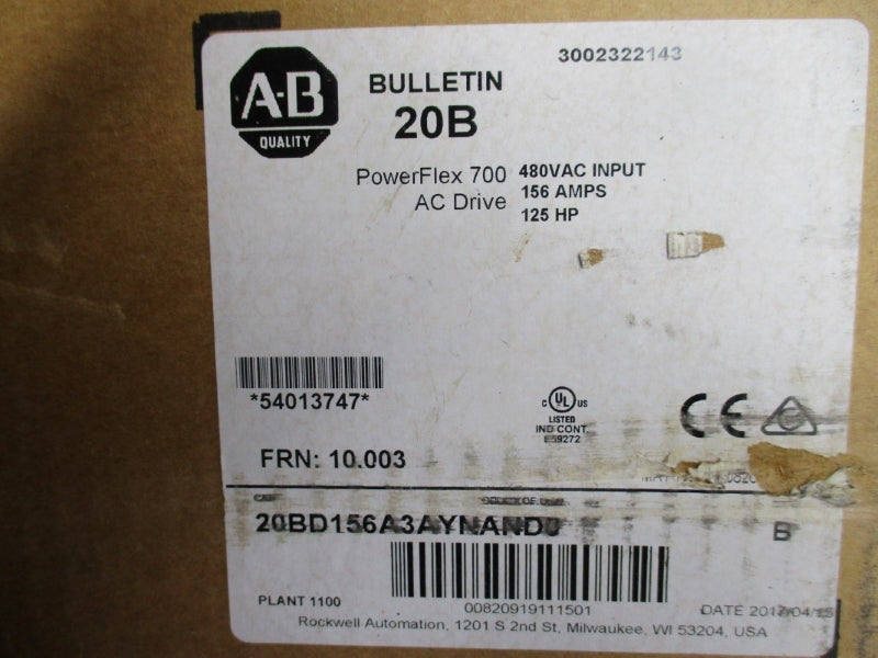 ALLEN BRADLEY 20BD156A3AYNAND0 SER. B F/W 10.003 480VAC 156A NSMP