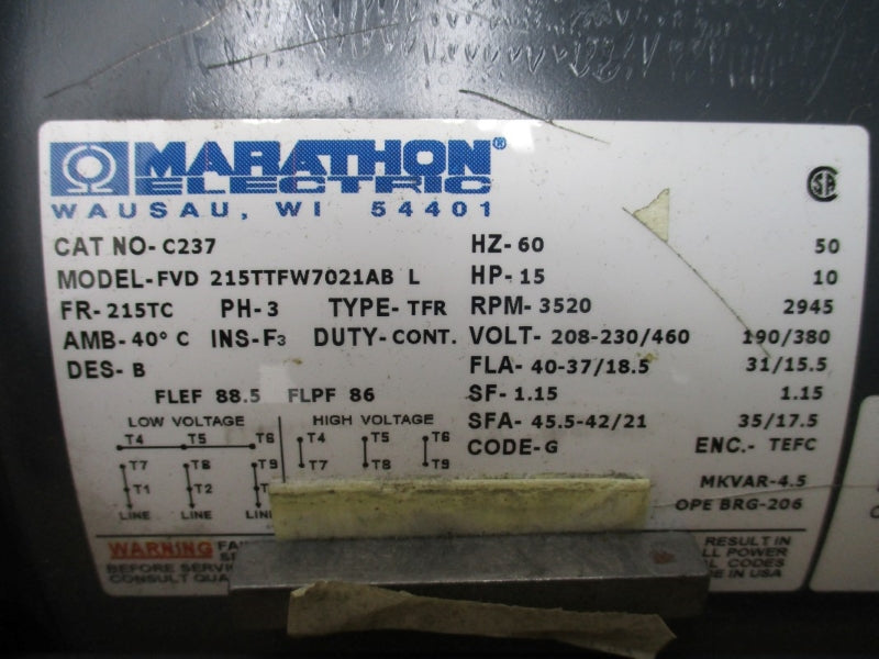 MARATHON ELECTRIC C237 FVD215TTFW7021ABL 208-230/460V 40-37/18.5A NSMP