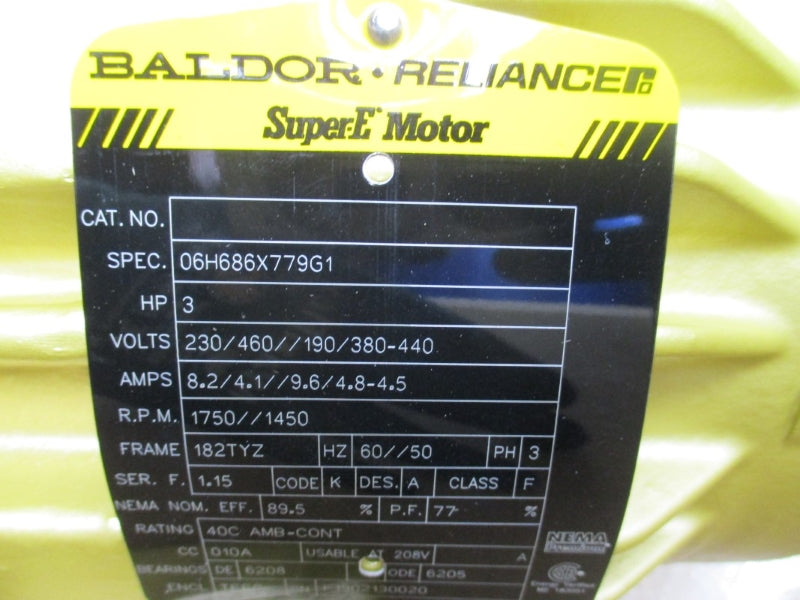 BALDOR 3HP 182TYZ 06H686X779G1 230/460//190/380-440V 8.2/4.1//9.6/4.8-4.5A NSMP
