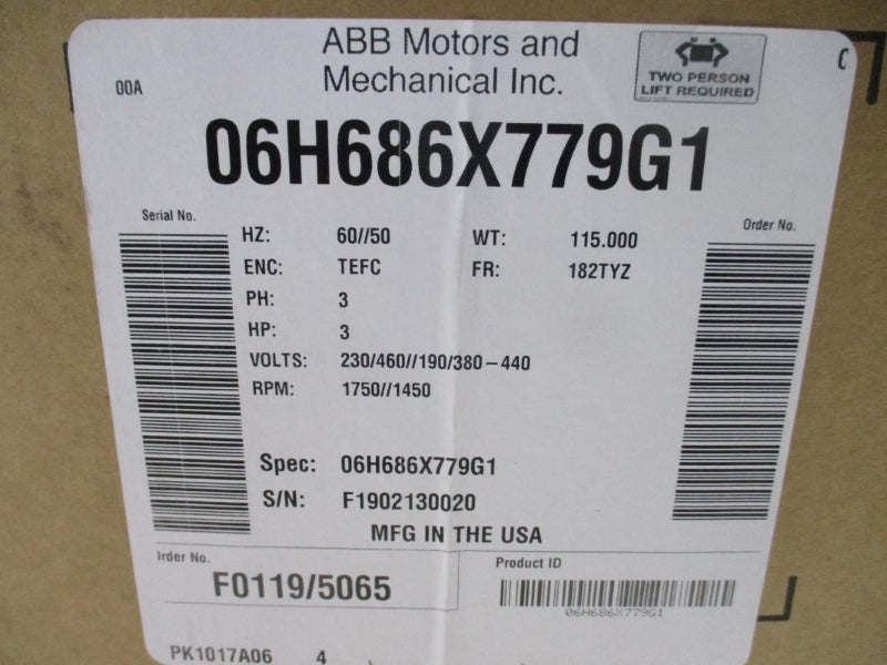 BALDOR 3HP 182TYZ 06H686X779G1 230/460//190/380-440V 8.2/4.1//9.6/4.8-4.5A NSMP