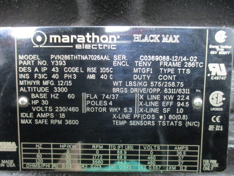 MARATHON ELECTRIC PVN286THTNA7026AAL 286TC 30HP Y393 230/460V 74/37A NSNP