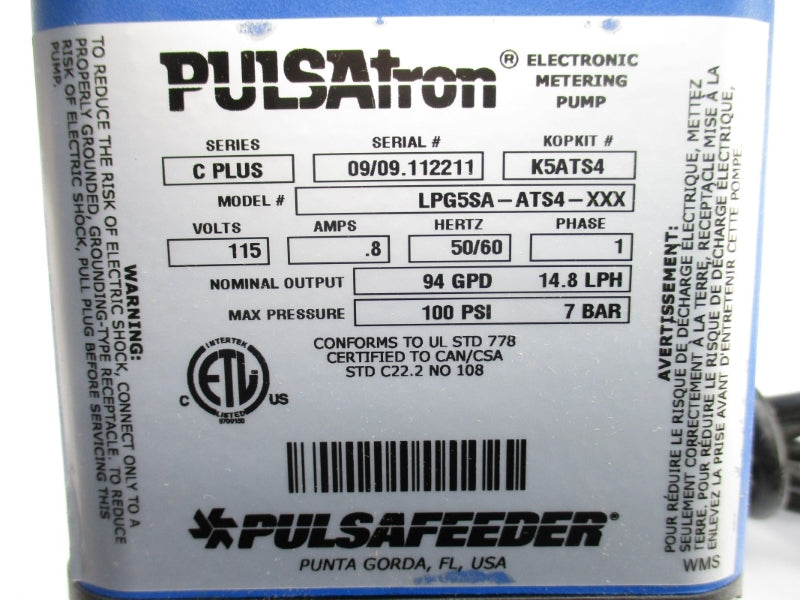 PULSAFEEDER LPG5SA-ATS4-XXX 115V .8A 100PSI NSMP