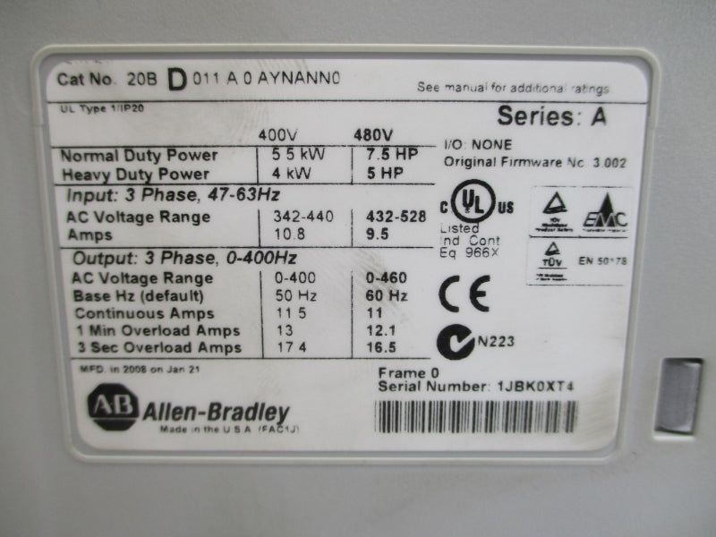 ALLEN BRADLEY 20BD011A0AYNANN0 SER. A F/W 3.002 480VAC 9.5A NSMP