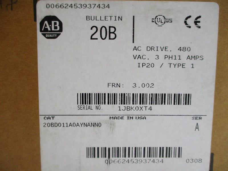 ALLEN BRADLEY 20BD011A0AYNANN0 SER. A F/W 3.002 480VAC 9.5A NSMP