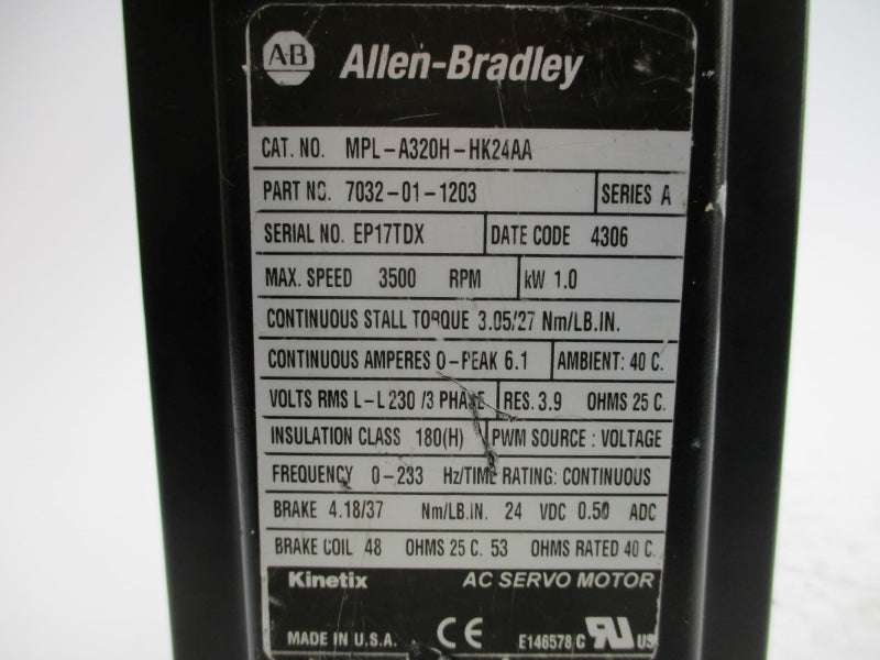 ALLEN BRADLEY MPL-A320H-HK24AA SER. A 24VDC 6.1A NSNP