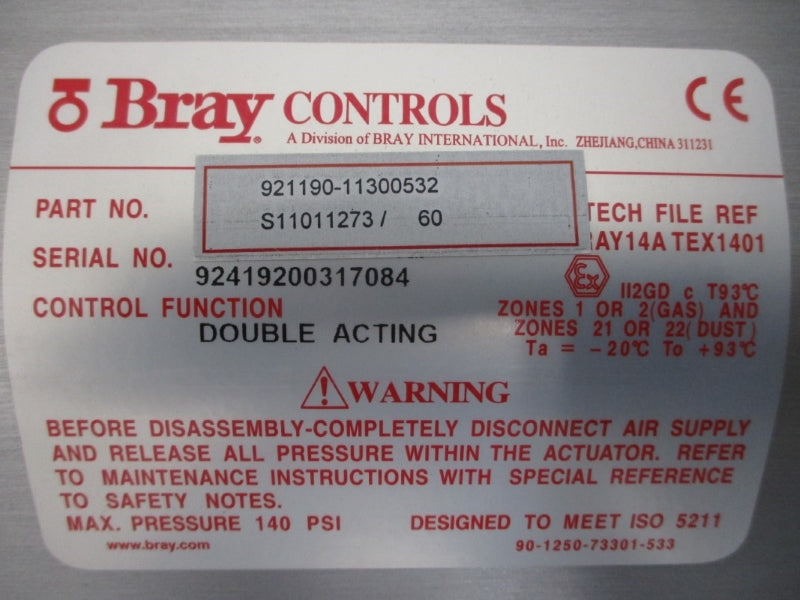 BRAY CONTROLS 30R-0800 W/ 921190-11300532 140PSI NSNP
