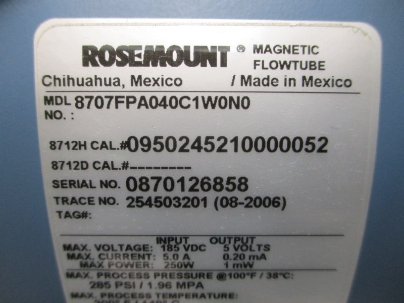 ROSEMOUNT 8707FPA040C1W0N0 185VDC 5.0A 285PSI 300'F NSNP