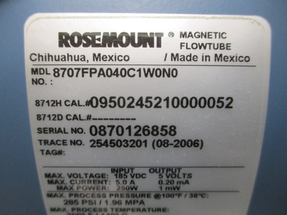 ROSEMOUNT 8707FPA040C1W0N0 185VDC 5.0A 285PSI 300'F NSNP