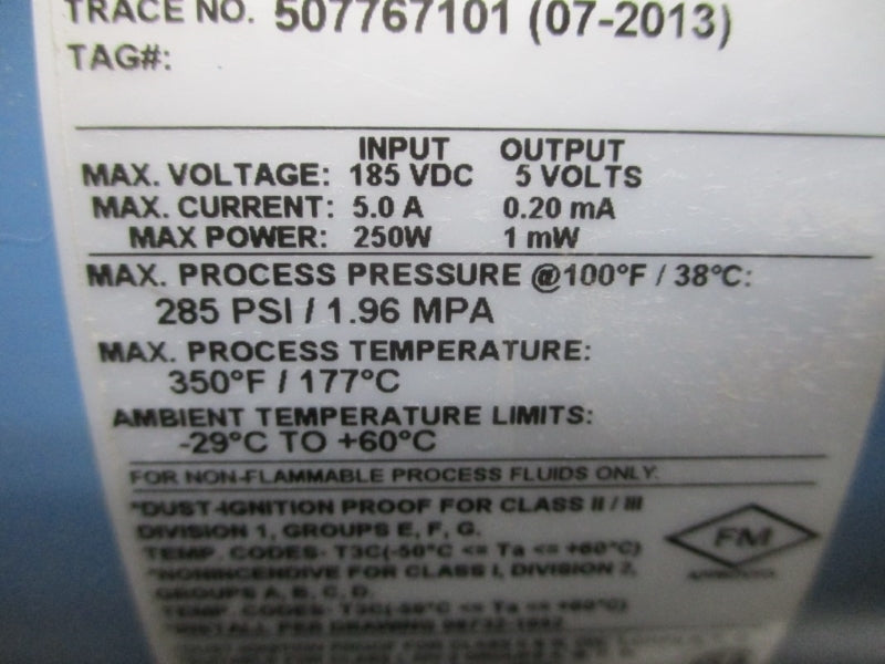 ROSEMOUNT 8707TPA040C1W0N0D2CR 185VDC 5.0A 285PSI 350'F NSNP