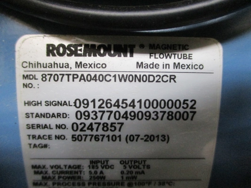 ROSEMOUNT 8707TPA040C1W0N0D2CR 185VDC 5.0A 285PSI 350'F NSNP