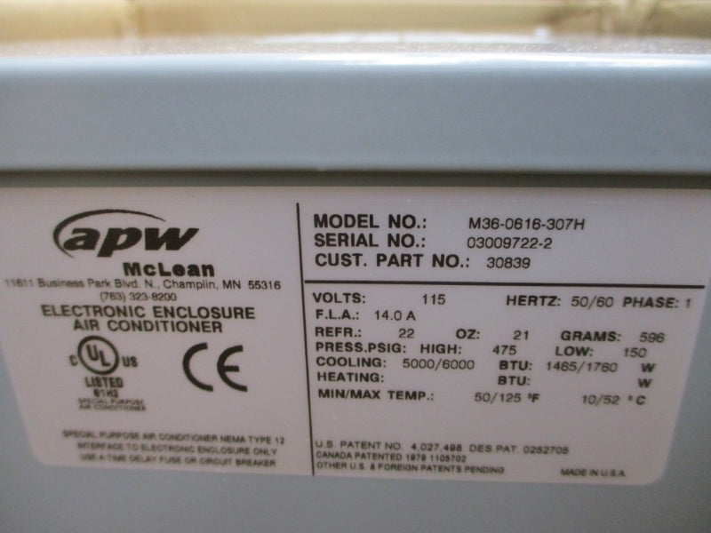 HOFFMAN APW MCLEAN M36-0616-307H M360616307 115V 14.0A 475PSI 50'/125'F 5000/6000BTU NSMP