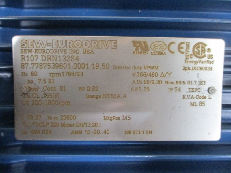 SEW-EURODRIVE R107DRN132S4 266/460V 15.90/9.20A NSMP