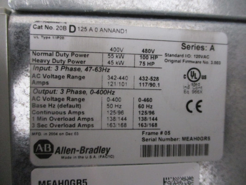 ALLEN BRADLEY 20BD125A0ANNAND1 SER. A F/W 3.003 432-528VAC 117/90.1A NSNP