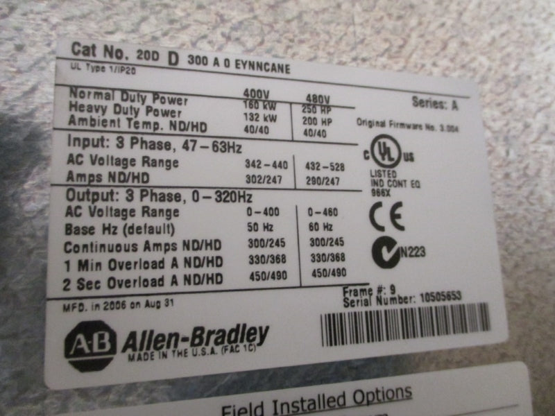 ALLEN BRADLEY 20DD300A0EYNNCANE SER. A F/W 3.004 480VAC 300A NSMP