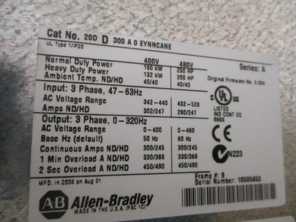 ALLEN BRADLEY 20DD300A0EYNNCANE SER. A F/W 3.004 480VAC 300A NSMP