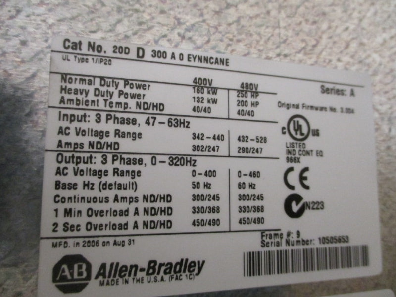 ALLEN BRADLEY 20DD300A0EYNNCANE SER. A F/W 3.004 480VAC 300A NSMP
