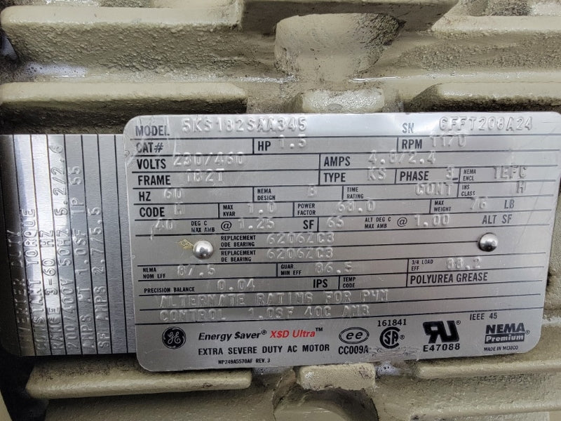 GENERAL ELECTRIC 5KS182SAA345 W/ STEARNS 105603100DQF 230/460V 4.8/2.4A NSMP