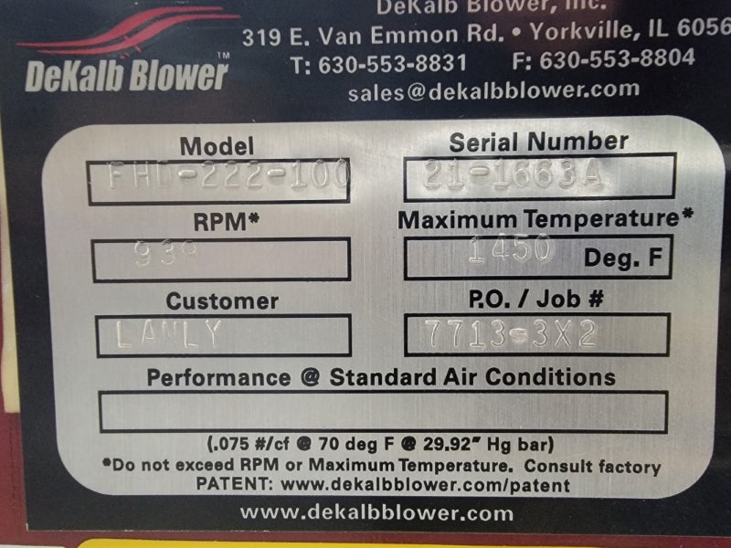 DEKALB BLOWER FHD-222-100 W/ 7713-AH1-1 FHD222 NSNP